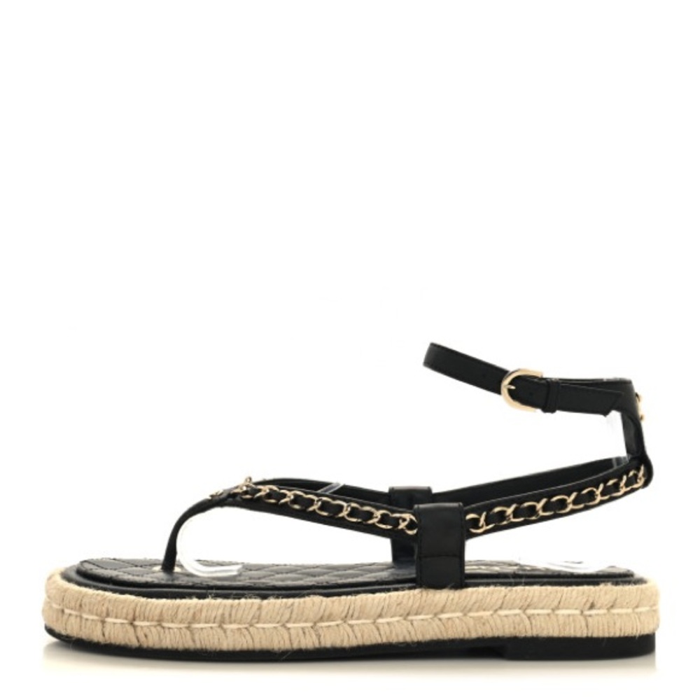 CHANEL Black Quilted Leather Chain Espadrille Sandals CC Logo Size 40 / US 9.5